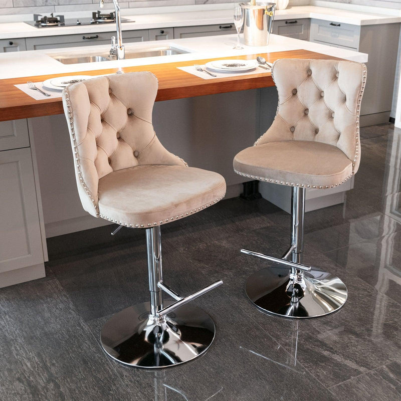 A&A Furniture,Swivel Velvet Barstools Adjusatble Seat Height from 25-33 Inch, Modern Upholstered Chrome base Bar Stools with Backs Comfortable Tufted for Home Pub and Kitchen Island（Khaki,Set of 2） - Supfirm
