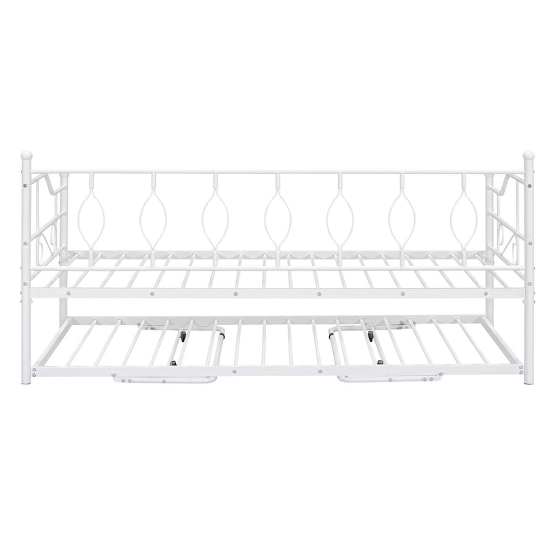 Twin Size Metal Daybed with Twin Size Adjustable Trundle, Portable Folding Trundle, White - Supfirm