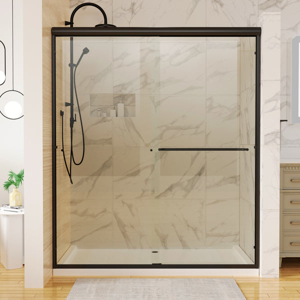 Supfirm 60 in. x 70 in. Traditional Sliding Shower Door in Matte black with Clear Glass