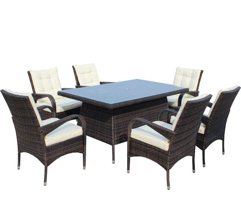 Supfirm Patio 7-Piece Rectangular Dining Set with 6 Dining Chairs (Brown &Beige Cushion )