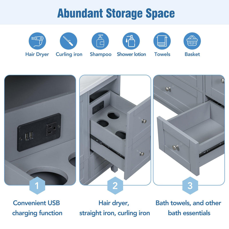 Supfirm 36 Inch Modern Bathroom Vanity with USB Charging, Two Doors and Three Drawers Bathroom Storage Vanity Cabinet with single top, Small Bathroom Vanity cabinet with sink , White & Gray Blue - Faucets Not - Supfirm