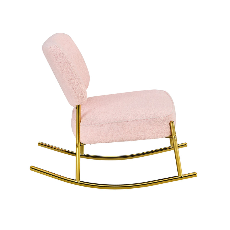 Supfirm Teddy velvet material cushioned rocking chair, unique rocking chair, cushioned seat, pink backrest rocking chair, and golden metal legs. Comfortable side chairs in the living room, bedroom, and office
