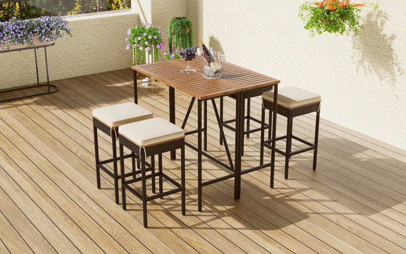 Supfirm GO 5-Piece Outdoor Acacia Wood Bar Height Table And Four Stools With Cushions, Garden PE Rattan Wicker Dining Table, Foldable Tabletop, High-Dining Bistro Set, All-Weather Patio Furniture, Brown