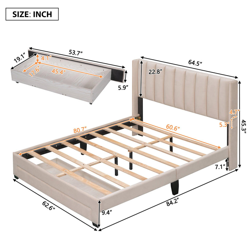 Queen Size Storage Bed Velvet Upholstered Platform Bed with a Big Drawer - Beige - Supfirm