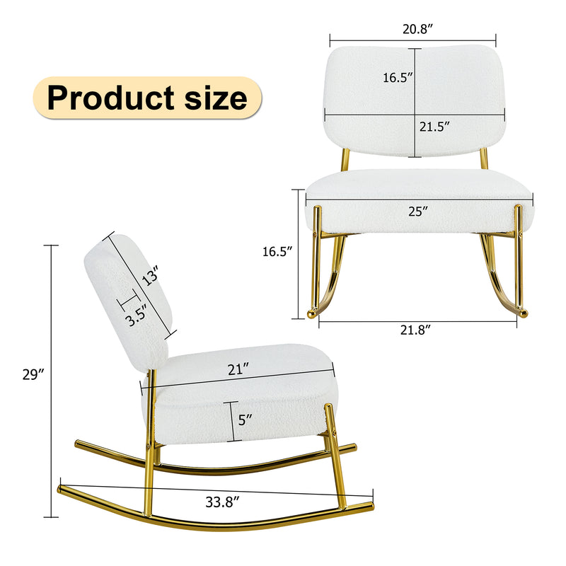 Supfirm Teddy suede material cushioned rocking chair, unique rocking chair, cushioned seat, white rocking chair with backrest and golden metal legs. Comfortable side chairs in living room, bedroom, office