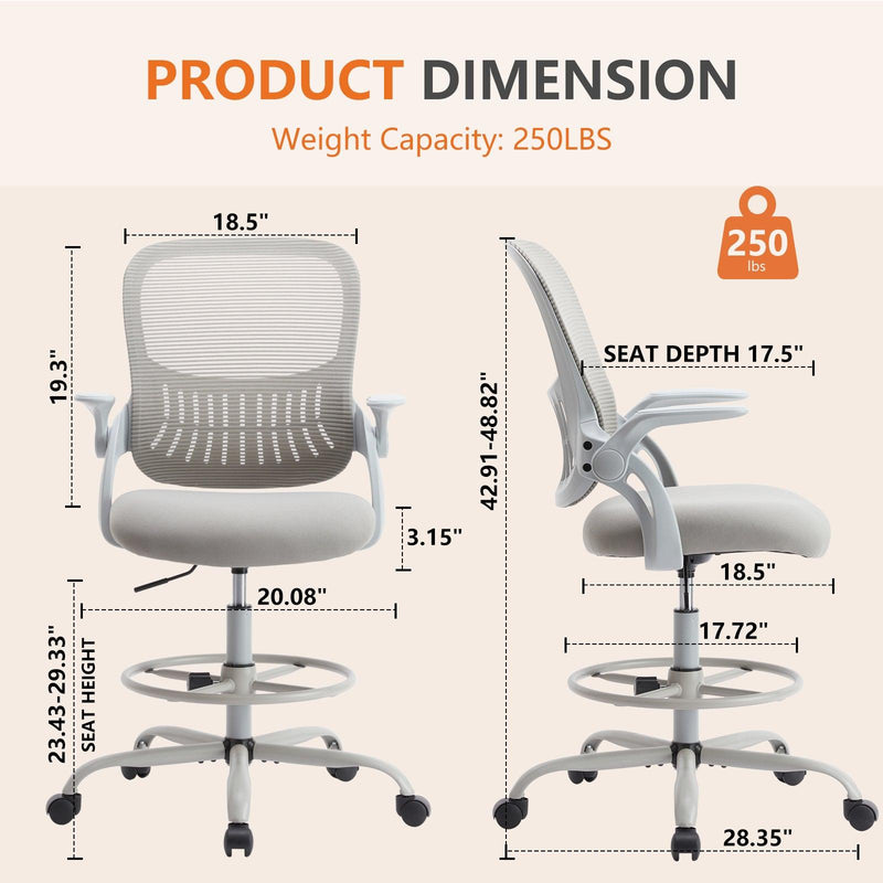 Sweetcrispy Drafting Tall Office Chair Ergonomic High Desk Chair with Flip-up Armrests - Supfirm