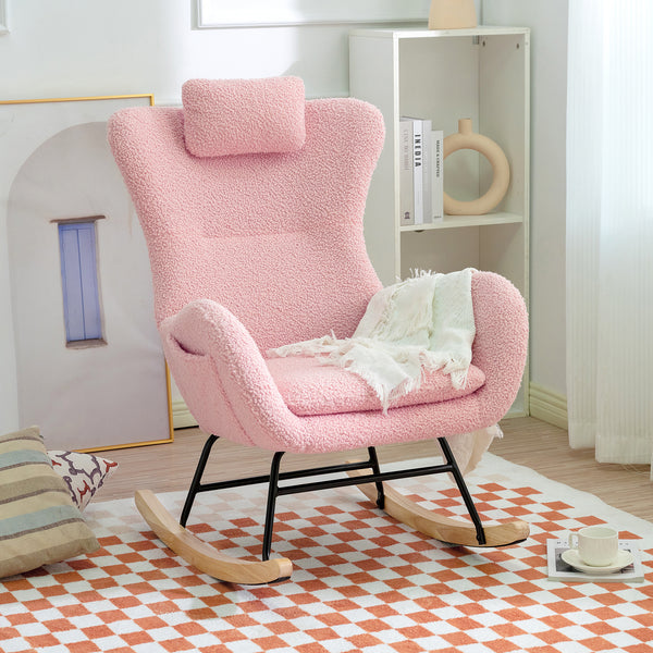 Supfirm Rocking Chair Nursery, Teddy Upholstered Rocker Glider Chair with High Backrest, Adjustable Headrest & Pocket, Comfy Glider Chair for Nursery, Bedroom, Living Room, Offices, Rubber wood, pink