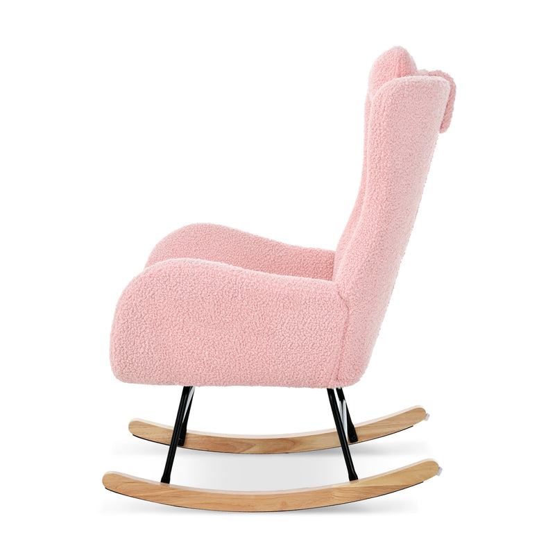 Supfirm Rocking Chair Nursery, Teddy Upholstered Rocker Glider Chair with High Backrest, Adjustable Headrest & Pocket, Comfy Glider Chair for Nursery, Bedroom, Living Room, Offices, Rubber wood, pink