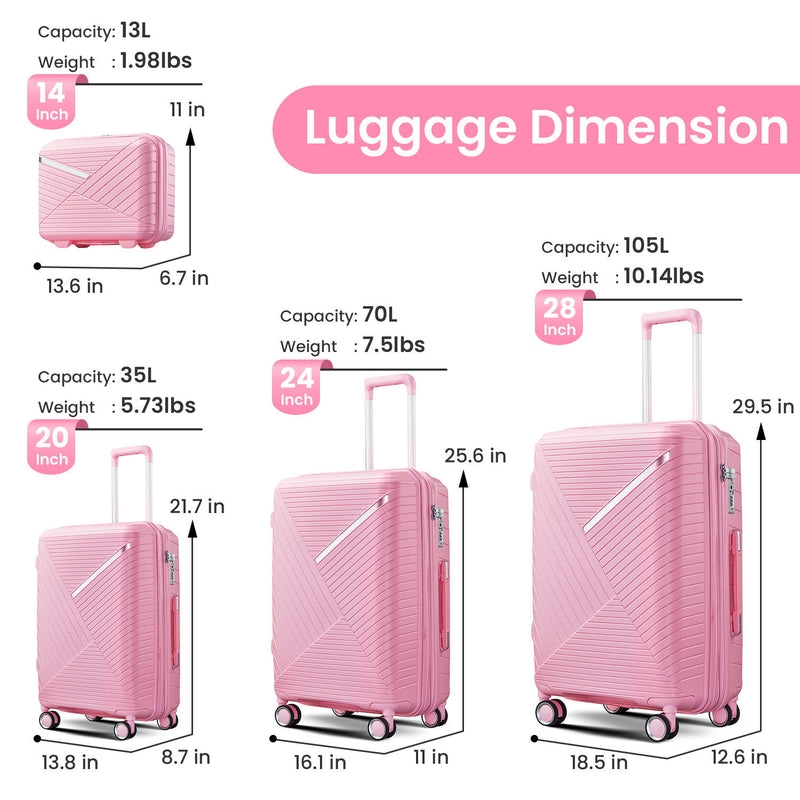 Supfirm Luggage Sets 4 Piece(14/20/24/28), Expandable Lightweight Suitcase with 4 Double 360 Degrees Mute Spinner Wheels PP Materials Durable TSA Lock Travel Luggage