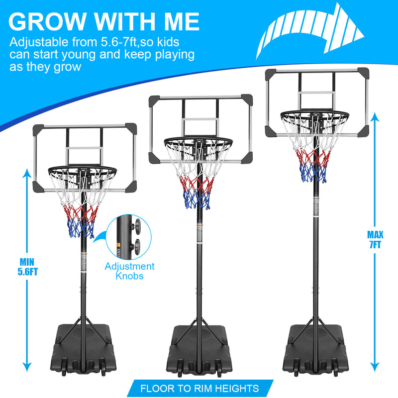 Supfirm Teenagers Youth Height Adjustable 5.6 to 7ft Basketball Hoop 28 Inch Backboard Portable Basketball Goal System with Stable Base and Wheels, use for Indoor Outdoor