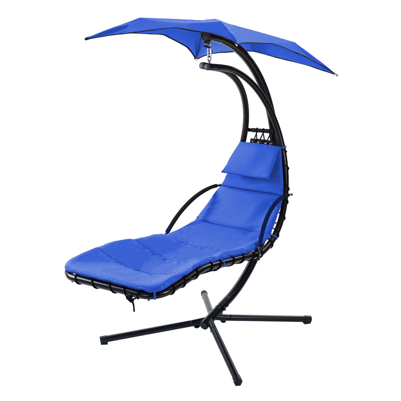 Supfirm Hanging Chaise Lounger with Removable Canopy, Outdoor Swing Chair with Built-in Pillow, Hanging Curved Chaise Lounge Chair Swing for Patio Porch Poolside, Hammock Chair with Stand (Navt)