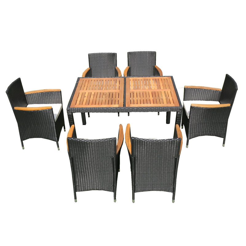 Supfirm EELIFEE 7 piece Outdoor Patio Wicker Dining Set Patio Wicker Furniture Dining Set w/Acacia Wood Top