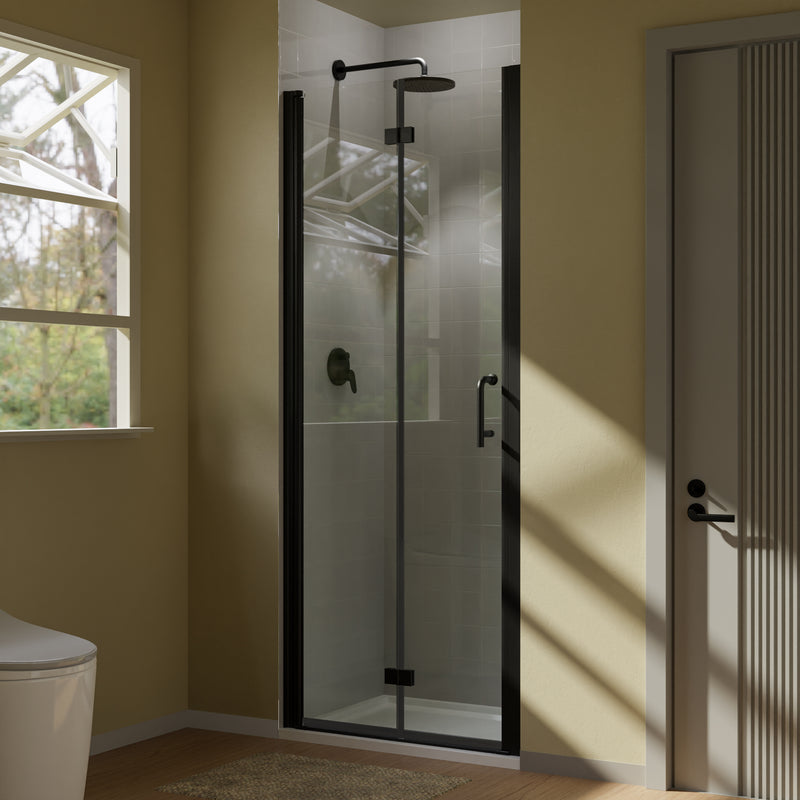 Supfirm Bifold Frameless Glass Shower Door 32 in.W x 72 in.H Pivot Swing Shower Doors with 1/4 in. Clear Tempered Shower Glass Panel in Matte Black Semi-Frameless Shower Door