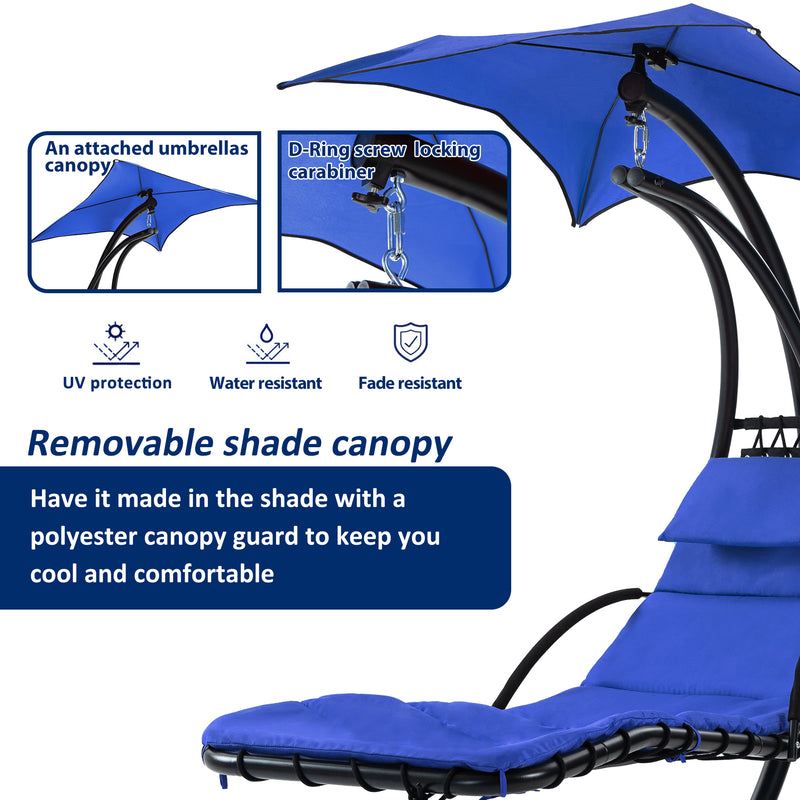 Supfirm Hanging Chaise Lounger with Removable Canopy, Outdoor Swing Chair with Built-in Pillow, Hanging Curved Chaise Lounge Chair Swing for Patio Porch Poolside, Hammock Chair with Stand (Navt)