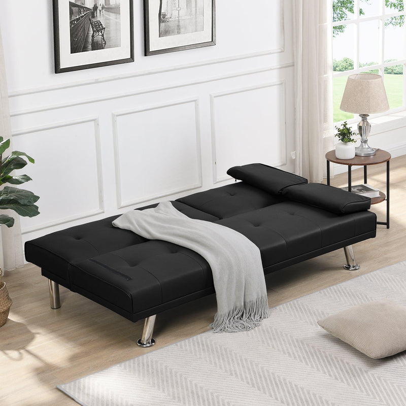 sofa bed with Armrest two holders WOOD FRAME, STAINLESS LEG, FUTON BLACK PVC - Supfirm