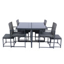 Supfirm 9 Pieces Patio Dining Sets Outdoor Space Saving Rattan Chairs with Glass Table Top Grey Wicker + Dark Grey Cushion