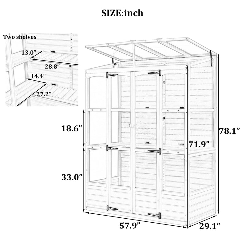 Supfirm TOPMAX 78-inch Wooden Greenhouse Cold Frame with 4 Independent Skylights and 2 Folding Middle Shelves, Walk-in Outdoor Greenhouse, White