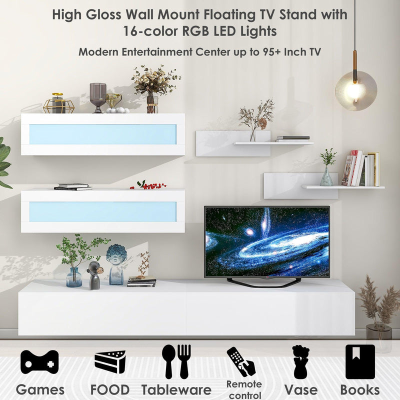 ON-TREND Wall Mount Floating TV Stand with Four Media Storage Cabinets and Two Shelves, Modern High Gloss Entertainment Center for 95+ Inch TV, 16-color RGB LED Lights for Living Room, Bedroom, White - Supfirm