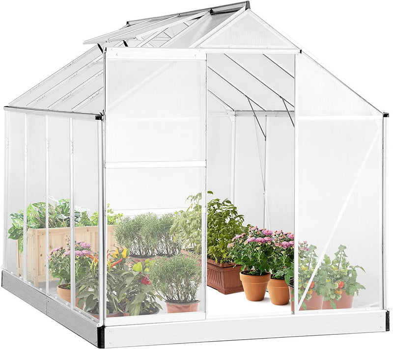 Supfirm 8.3' x 6.3 x 6.8' Aluminum Outdoor Greenhouse, Polycarbonate Walk-in Garden Greenhouse Kit with Adjustable Roof Vent, Rain Gutter and Sliding Door for Winter, Silver