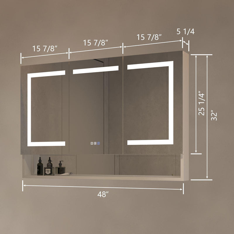 Supfirm Lighted Medicine Cabinet 48 x 32 Inch, Recessed or Surface , Clock, Room Temp Display,Defog,Night Light,Stepless Dimming,3000K-6400K, Outlets & USBs,Double Sided Mirror.Silver External Storage Shelf. - Supfirm