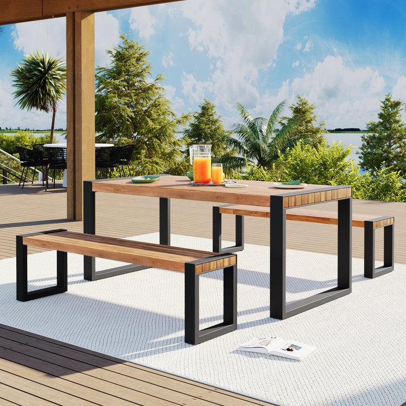 Supfirm GO 3-pieces Outdoor Dining Table With 2 Benches, Patio Dining Set With Unique Top Texture, Acacia Wood Top & Steel Frame, All Weather Use, For Outdoor & Indoor, Natural