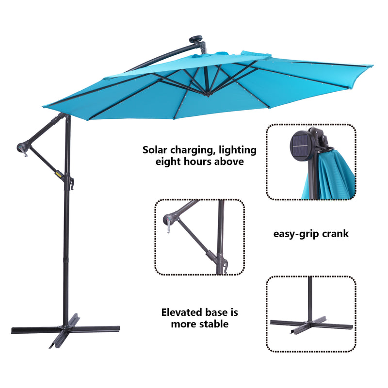 Supfirm 10 FT Solar LED Patio Outdoor Umbrella Hanging Cantilever Umbrella Offset Umbrella Easy Open Adustment with 32 LED Lights