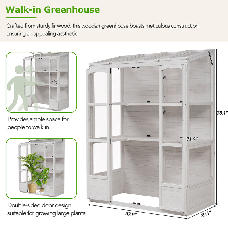 Supfirm TOPMAX 78-inch Wooden Greenhouse Cold Frame with 4 Independent Skylights and 2 Folding Middle Shelves, Walk-in Outdoor Greenhouse, White