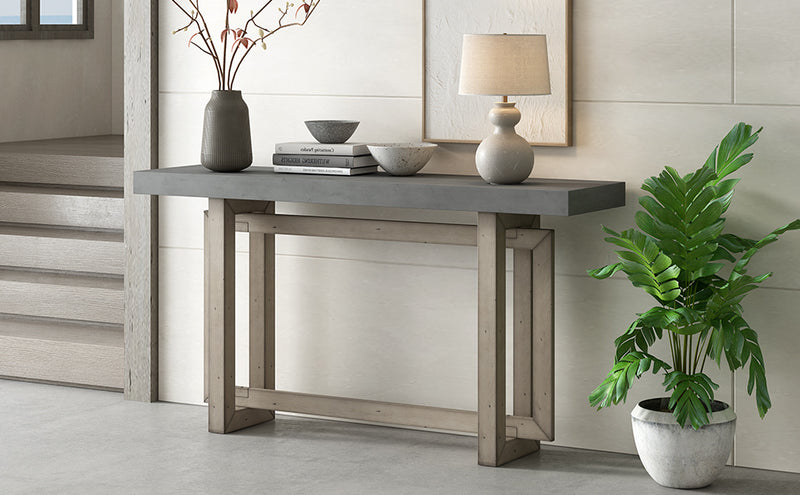 Supfirm U_STYLE Contemporary Console Table with  Industrial-inspired Concrete Wood Top, Extra Long Entryway Table for Entryway, Hallway, Living Room, Foyer, Corridor