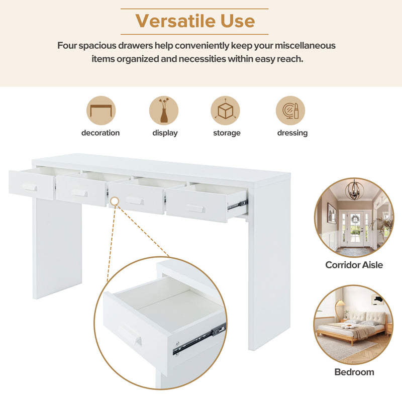 Supfirm TREXM Modern Minimalist Console Table with Open Tabletop and Four Drawers with Metal Handles for Entry Way, Living Room and Dining Room (White)