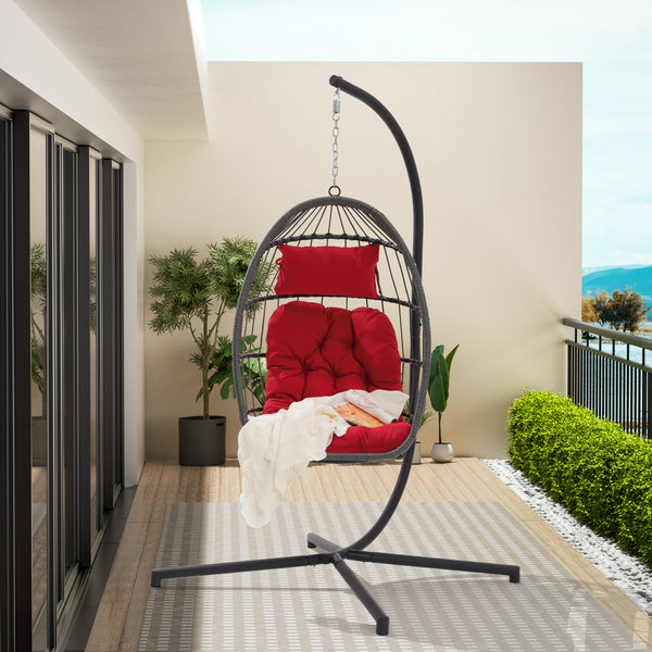 Supfirm Outdoor Garden Rattan Egg Swing Chair Hanging Chair PE Chair Red Cushion