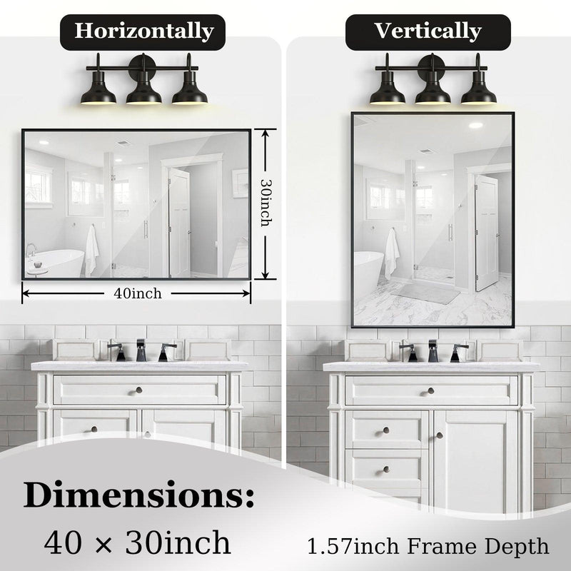 40x30inch Glossy Black Bathroom Mirrors For Wall Rectangle Vanity Mirror Corner Hangs Farmhouse Mirror Modern Metal Framed Rectangular Mirror, Decorative Square Corner Mirror(Horizontal & Vertical) - Supfirm