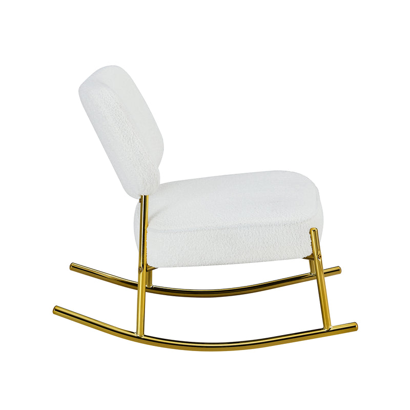 Supfirm Teddy suede material cushioned rocking chair, unique rocking chair, cushioned seat, white rocking chair with backrest and golden metal legs. Comfortable side chairs in living room, bedroom, office