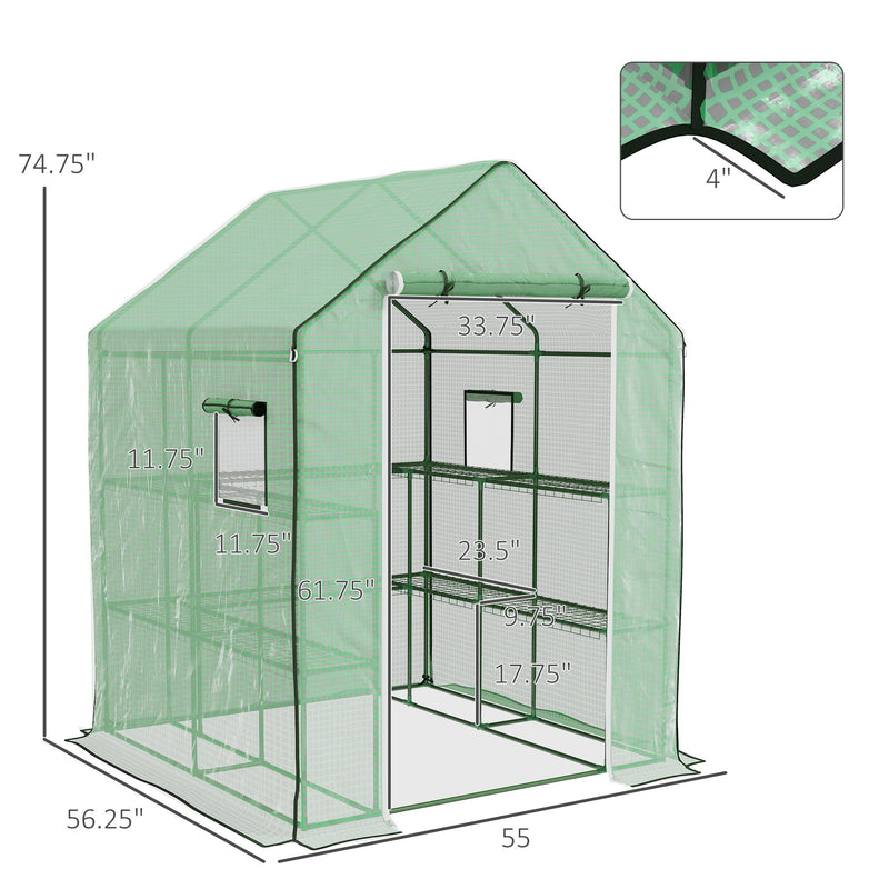 Supfirm 4.6' x 4.7' Portable Greenhouse, Water/UV Resistant Walk-In Small Outdoor Greenhouse with 2 Tier U-Shaped Flower Rack Shelves, Roll Up Door & Windows, Green