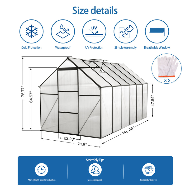 Supfirm 6x12 FT Polycarbonate Greenhouse Raised Base and Anchor Aluminum Heavy Duty Walk-in Greenhouses for Outdoor Backyard in All Season,Black