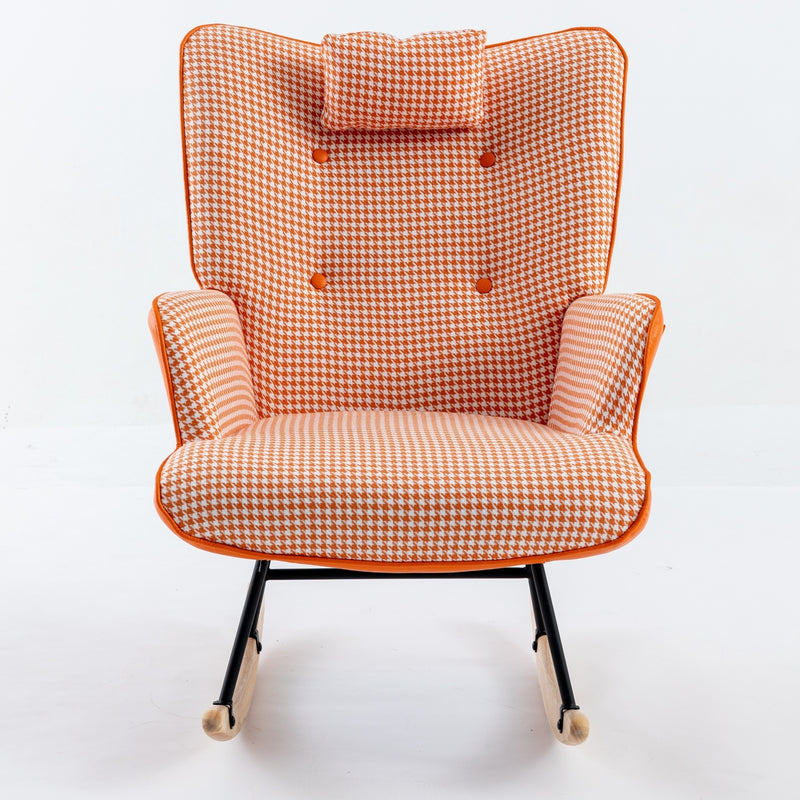 Supfirm 35.5 inch Rocking Chair, Soft Houndstooth Fabric Leather Fabric Rocking Chair for Nursery, Comfy Wingback Glider Rocker with Safe Solid Wood Base for Living Room Bedroom Balcony (orange)