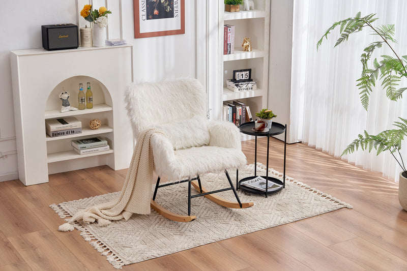 Supfirm Rocking Chair Nursery, Solid Wood Legs Reading Chair with Lazy plush Upholstered and Waist Pillow, Nap Armchair for Living Rooms, Bedrooms, Offices, Best Gift,White