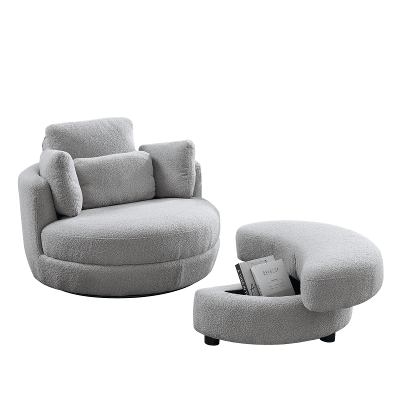 Supfirm 39"W Oversized Swivel Chair with moon storage ottoman for Living Room, Modern Accent Round Loveseat Circle Swivel Barrel Chairs for Bedroom Cuddle Sofa Chair Lounger Armchair, 4 Pillows, Teddy Fabric - Supfirm