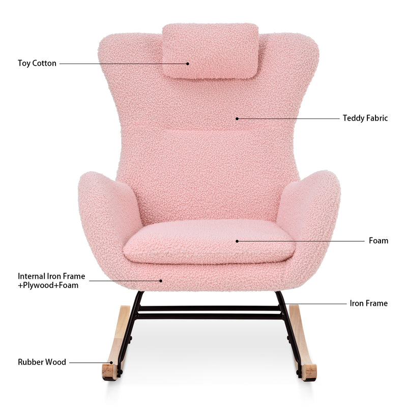 Supfirm Rocking Chair Nursery, Teddy Upholstered Rocker Glider Chair with High Backrest, Adjustable Headrest & Pocket, Comfy Glider Chair for Nursery, Bedroom, Living Room, Offices, Rubber wood, pink