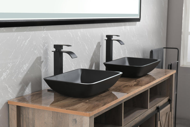 Supfirm Supfirm 13.0" L -18.13" W -4" H Matte Shell Glass Rectangular Vessel Bathroom Sink in Black with Matte Black Faucet and Pop-Up Drain in Matte Black