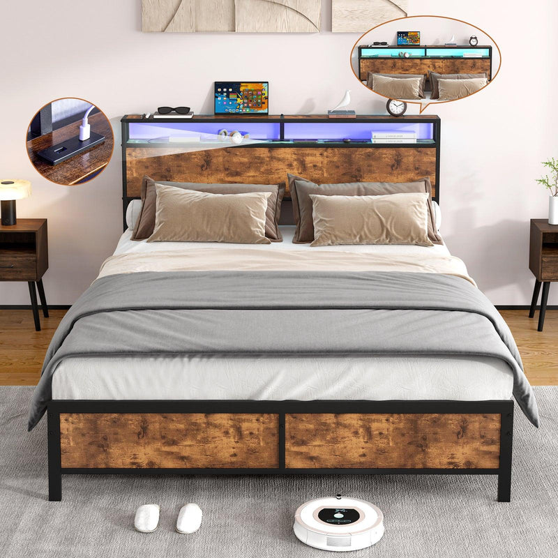 Industrial Full Bed Frame with LED Lights and 2 USB Ports, Bed Frame Full Size with Storage, Noise Free, No Box Spring Needed, Rustic Brown - Supfirm