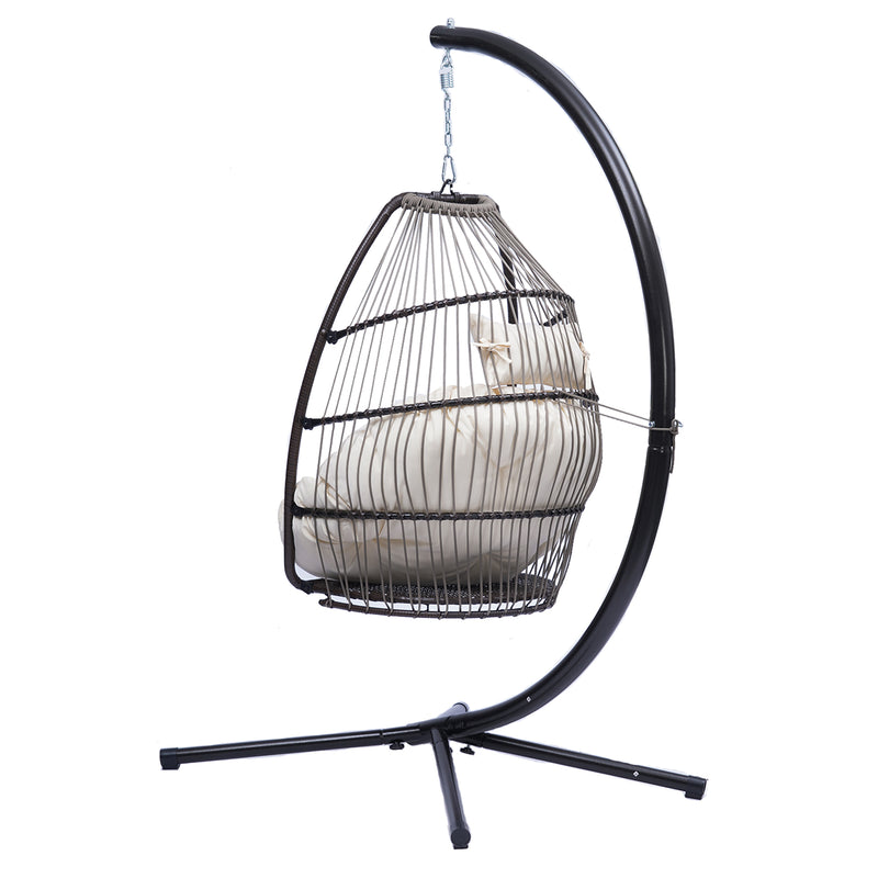 Supfirm Outdoor Patio Wicker Folding Hanging Chair,Rattan Swing Hammock Egg Chair With C Type Bracket , With Cushion And Pillow