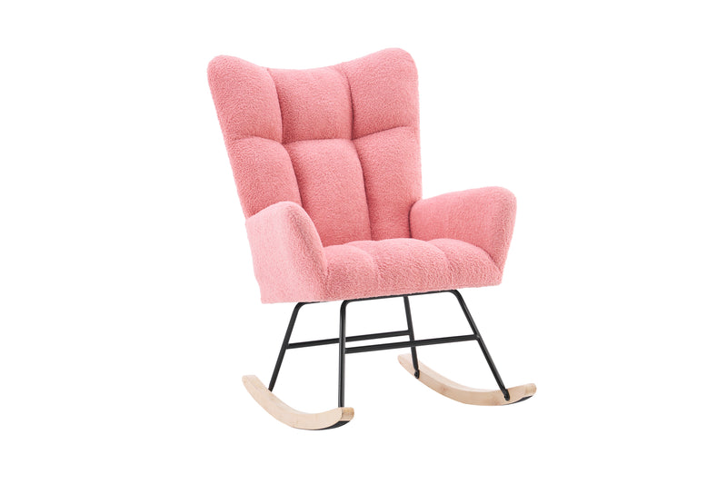 Supfirm Rocking Chair Nursery, Solid Wood Legs Reading Chair withTeddy Fabric Upholstered, Nap Armchair for Living Rooms, Bedrooms, Offices, Best Gift,Pink Teddy fabric