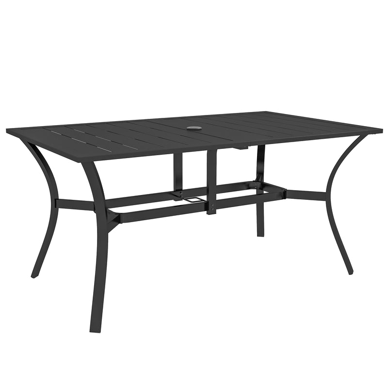 Supfirm Rectangle Outdoor Dining Table for 6 People, Steel Rectangular Patio Table with Umbrella Hole, Steel Frame for Garden, Balcony, Black