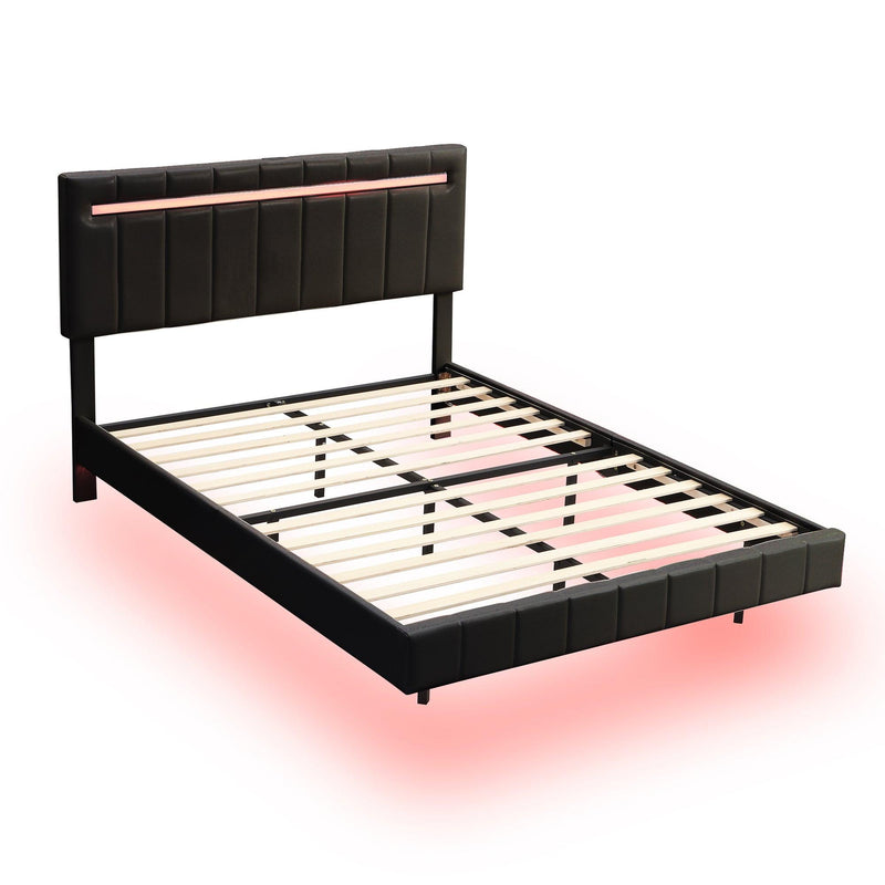 Queen Size Floating Bed Frame with LED Lights and USB Charging,Modern Upholstered Platform LED Bed Frame,Black - Supfirm