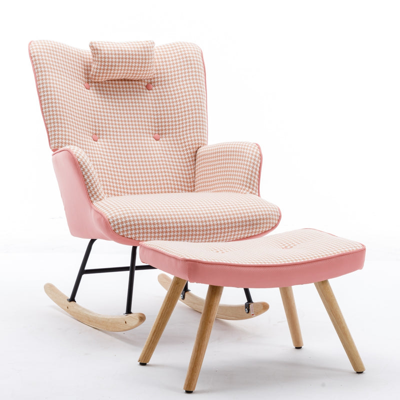 Supfirm 35.5 inch Rocking Chair, Soft Houndstooth Fabric Leather Fabric Rocking Chair for Nursery, Comfy Wingback Glider Rocker with Safe Solid Wood Base for Living Room Bedroom Balcony (pink)