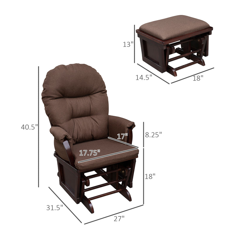 Supfirm HOMCOM Nursery Glider Rocking Chair with Ottoman, Thick Padded Cushion Seating and Wood Base, Brown