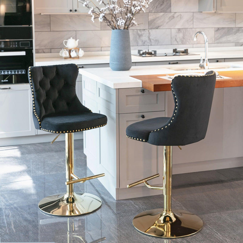 A&A Furniture,Golden Swivel Velvet Barstools Adjusatble Seat Height from 25-33 Inch, Modern Upholstered Bar Stools with Backs Comfortable Tufted for Home Pub and Kitchen Island（Black,Set of 2） - Supfirm