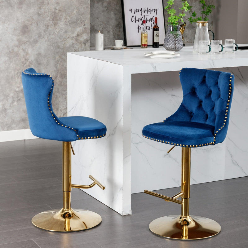 A&A Furniture,Golden Swivel Velvet Barstools Adjusatble Seat Height from 25-33 Inch, Modern Upholstered Bar Stools with Backs Comfortable Tufted for Home Pub and Kitchen Island,Blue,Set of 2 - Supfirm