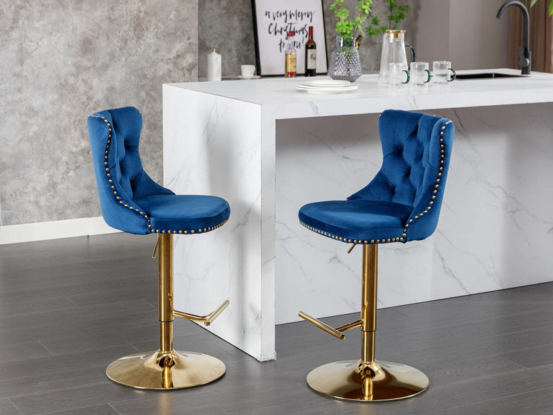 A&A Furniture,Golden Swivel Velvet Barstools Adjusatble Seat Height from 25-33 Inch, Modern Upholstered Bar Stools with Backs Comfortable Tufted for Home Pub and Kitchen Island,Blue,Set of 2 - Supfirm