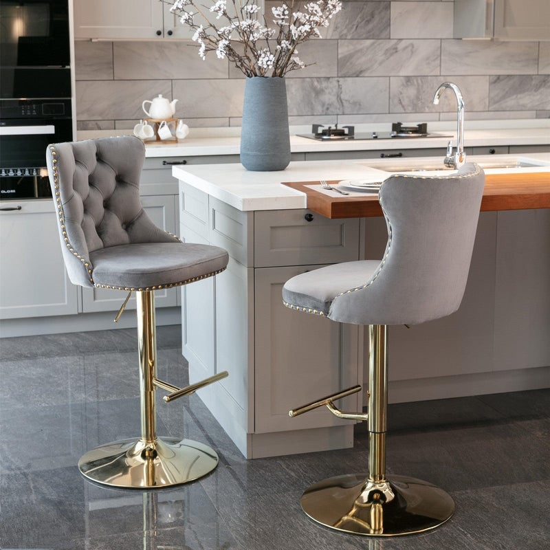 A&A Furniture,Golden Swivel Velvet Barstools Adjusatble Seat Height from 25-33 Inch, Modern Upholstered Bar Stools with Backs Comfortable Tufted for Home Pub and Kitchen Island（Gray,Set of 2） - Supfirm